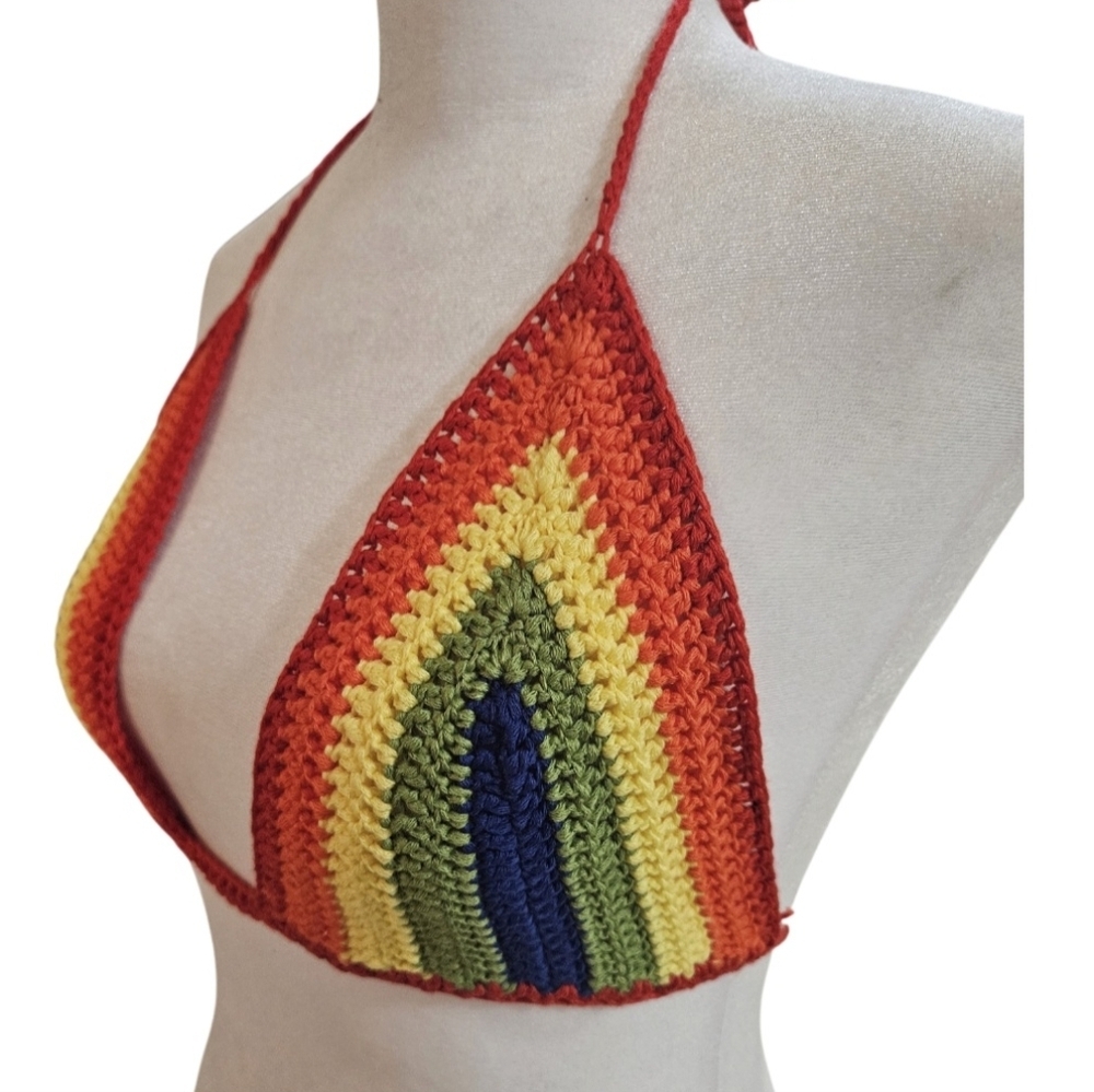 Handmade Crochet Crop-Top Rainbow Colors Deep V Swimming Cover-up top Colorful - Picture 8 of 17